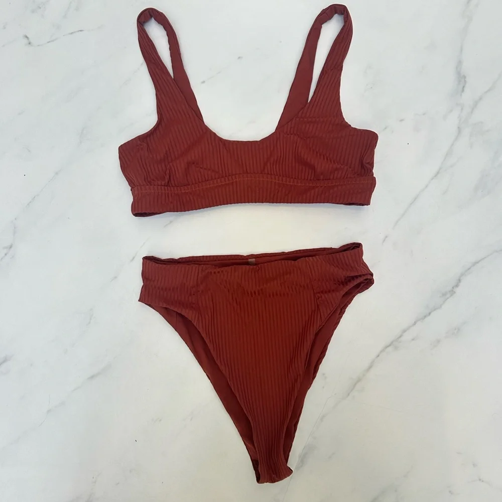 Vitamin A Ribbed Scoop Bikini Top & High Waisted Bottoms - Sienna - Picture 6 of 7